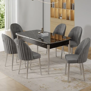 Rada Serisi 80x132 Açılabilir Lak Panel Krom Detay Siyah Mermer Desen Mutfak Masa Takımı Ve 6 Sandalye