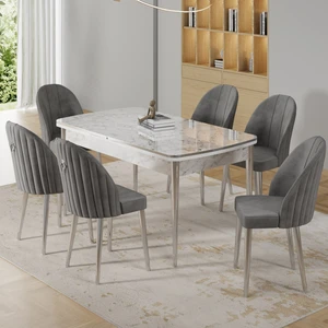 Rada Serisi 80x132 Açılabilir Lak Panel Krom Detay Beyaz Mermer Desen Mutfak Masa Takımı Ve 6 Sandalye