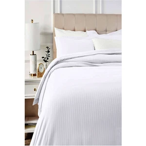 Çift Kişilik Nevresim Seti (Çarşafsız) Beyaz Renk 83 Tel Çizgili Pamuk-Saten