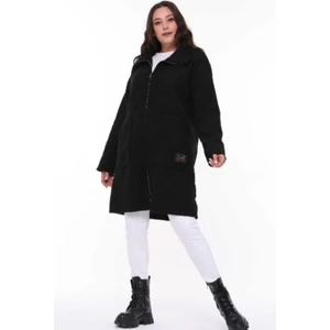 Dik Yaka Buklet Büyük Beden Uzun Mont Siyah