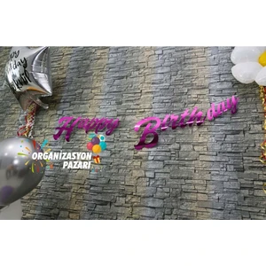Organizasyon Pazarı Fuşya Renkli Metalik Happy Birthday El Yazısı Banner