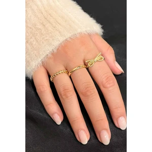 Trend Collection Zirkon Taşlı Gold Zarif Ayarlanabilir Fiyonk, Alyans, Yaprak Taç 3'lü Kadın Yüzük Seti