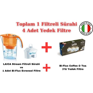 Stream ( Turuncu ) Filtreli Su Arıtmalı Filtre Sürahi 2.30 Lt + LAICA Bi-Flux Coffee & Tea 3'lü Yedek Filtre