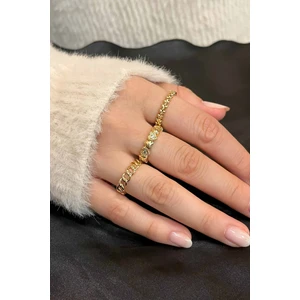 Trend Collection Zirkon Taşlı Gold Zarif Ayarlanabilir Kalp, Zincir, Yaprak Taç 3'lü Kadın Yüzük Seti