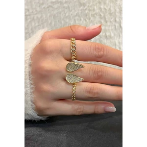Trend Collection Zirkon Taşlı Gold Zarif Ayarlanabilir Melek Kanadı, Zincir, Yaprak Taç 3'lü Kadın Yüzük Seti