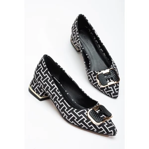 Kadın Topuklu Ayakkabı Siyah Çizgili Deri Galvanız Ökçe Tokalı