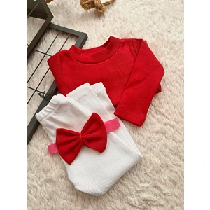Bebek Çocuk Alt Üst Kreş Takım Fitilli Ribana Tayt  Bluz Bandana Seti