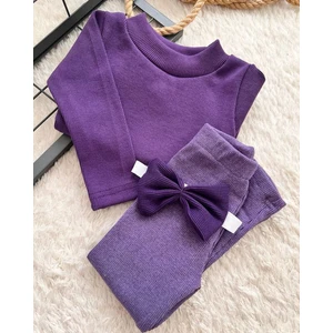 Bebek Çocuk Alt Üst Kreş Takım Fitilli Ribana Tayt  Bluz Bandana Seti