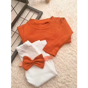 Bebek Çocuk Alt Üst Kreş Takım Fitilli Ribana Tayt  Bluz Bandana Seti