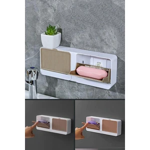 2 Bölmeli Katı Sabunluk Güçlü Yapışkanlı Duvara Monte Mutfak Banyo Organizeri Kahve Rengi
