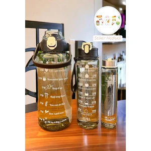 3lü Motivasyonel Su Matarası Kokusuz Figürlü Suluk Sporcu Matara Pipetli Soft Black Su Şişesi Seti