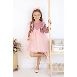 Kadife Kabarık Etekli Kız Çocuk Elbise Bandana Takımı Pembe