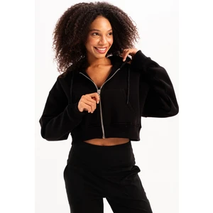 Crop Kapüşonlu Fermuarlı Kanguru Cepli Şardonlu Hoodie Siyah Kadın Sweatshirt - Lumen