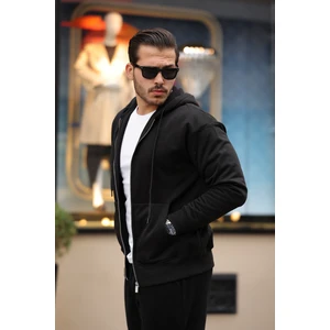 İçi Peluş Üç İp Kumaş Oversize Fermuarlı Kapüşonlu Sweatshirt- Siyah