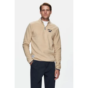 Cornıng Koyu Bej Yarım Fermuarlı Nakışlı Polar Standard Fit Erkek Sweatshirt