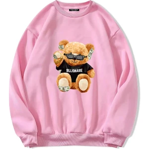 Oversize Bisiklet Yaka Basic Billionaire Baskılı Sweatshirt - Pembe