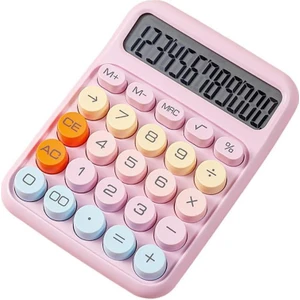 Renkli Çok Şirin 12 Hane Mekanik Hesap Makinası Büyük Ekranlı 4 Fonksiyonlu Ev Ofis Okul Pembe
