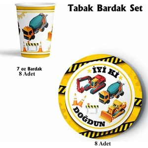 Patladı Gitti Inşaat Temalı Doğum Günü Konsepti Tabak Bardak Set 8'li