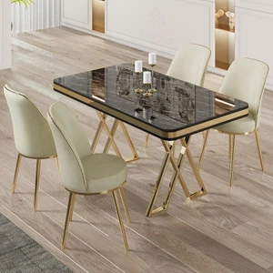 Vals Serisi 80X130 Lak Panel Gold Detay Siyah Mermer Desen Masa Takımı ve 4 Sandalye