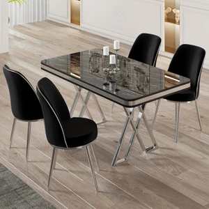 Vals Serisi 80X130 Lak Panel Krom Detay Siyah Mermer Desen Masa Takımı ve 4 Sandalye