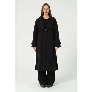 Siyah Kuşaklı Uzun Oversize Yünlü Kaşe Kaban