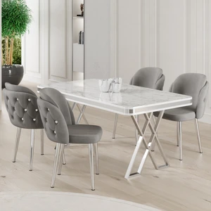 Rigel Serisi 80x130 Lak Panel Beyaz Mermer Desen Masa Takımı Krom Ayaklı 4 Sandalye