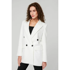 Ekru Regular Astarlı Kruvaze Kapama Dokuma Blazer Ceket