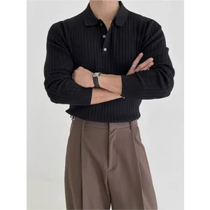 Erkek Siyah Düğmeli Polo Yaka Triko Kazak