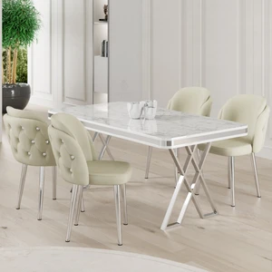 Rigel Serisi 80x130 Lak Panel Beyaz Mermer Desen Masa Takımı Krom Ayaklı 4 Sandalye