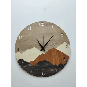 Modern Rustik Dağ Motifli 50  cm  Dekoratif Ahşap Renkli   Duvar Saati