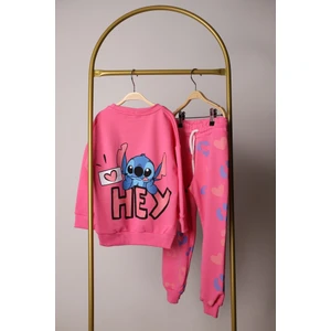 Pembe Sırt Baskılı Stitch Eşofman Takımı