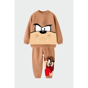 Erkek Çocuk Tazmanya Desenli 3 Iplik Kışlık Pamuklu Sweatshirt Eşofman Alt-Üst Takım