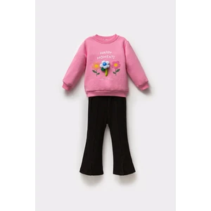 Kız Çocuk Çiçek Aplikeli Pamuklu Sweatshirt Ispanyol Tayt Alt-Üst Takım