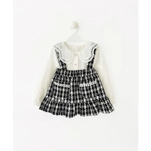 Kız Çocuk Gömlekli Yakası Dantelli Salopet Tüvit Elbise