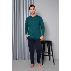 Erkek 3 Düğme Göğüs Cepli %100 Pamuk  2 Iplik Kışlık Cepli Uzun Kol Pijama Takımı