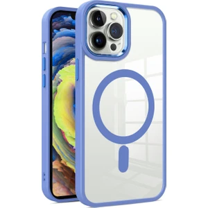 Case World Apple iPhone 15 Promax Kapak Mag Safe Özellikli Metal Kamera Korumalı Arkası Şeffaf Silikon Kılıf - Mavi