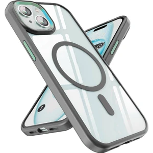 Case World Apple iPhone 15 Kapak Mag Safe Özellikli Metal Kamera Korumalı Arkası Şeffaf Silikon Kılıf - Gri
