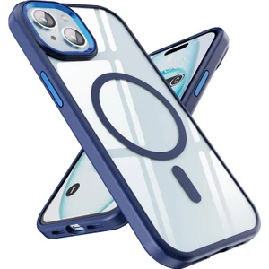 Case World Apple iPhone 15 Kapak Mag Safe Özellikli Metal Kamera Korumalı Arkası Şeffaf Silikon Kılıf - Lacivert