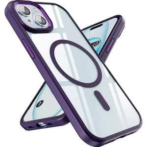 Case World Apple iPhone 15 Kapak Mag Safe Özellikli Metal Kamera Korumalı Arkası Şeffaf Silikon Kılıf - Mor