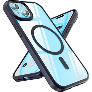 Case World Apple iPhone 15 Kapak Mag Safe Özellikli Metal Kamera Korumalı Arkası Şeffaf Silikon Kılıf - Siyah