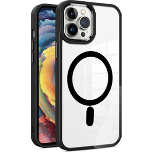 Caseart Apple iPhone 14 Pro Kapak Mag Safe Özellikli Metal Kamera Korumalı Arkası Şeffaf Silikon Kılıf - Siyah