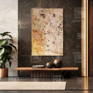 SML Tablo Ünlü Denizci Piri Reis Haritası Vintage Harita Eski Dünya Haritası Dikey Kanvas Tablo