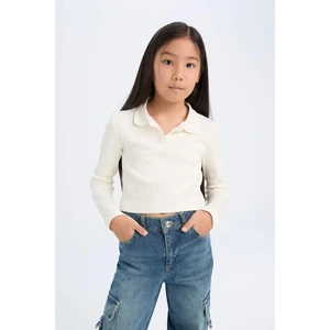 Kız Çocuk Cropped Fit Polo Yaka Basic Düz Fitilli Kaşkorse Uzun Kollu Tişört D3367A824AU
