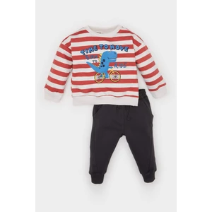 Erkek Bebek 2'li Takım Çizgili Dinozor Baskılı Sweatshirt Beli Lastikli Eşofman Altı D4695A524AU