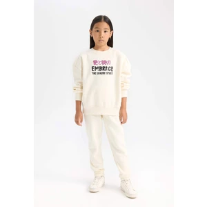 Kız Çocuk 2'li Takım Baskılı Kalın Sweatshirt Üst Beli Lastikli Jogger Eşofman Altı D4869A824WN
