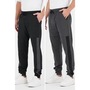 Erkek Siyah-Antrasit Standart Fit Normal Kesim Paça Ribanalı Cepli Rahat Jogger 2'li Eşofman Altı