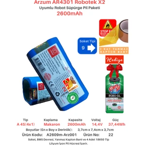 Arzum AR4301 Robotek X2 2600mAh Uyumlu Batarya Robot Süpürge Pili A2609m-Arz001