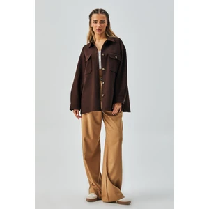 Kadın Kahve Kaşe Cepli Düğmeli Geniş Kesim Gömlek Ceket 28150