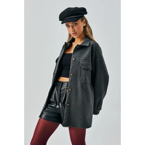 Kadın Antrasit Kaşe Cepli Düğmeli Geniş Kesim Gömlek Ceket 28150