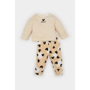 Kız Bebek 2'li Takım Kalp Desenli Pelüş Sweatshirt Beli Lastikli Alt B3133A524WN